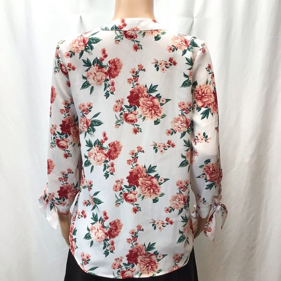 Riley & James Pink Floral Tie Sleeve V-Neck Blouse - Picture 4 of 8